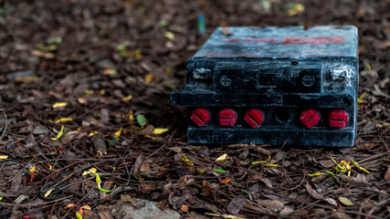 a used battery lying on a dry leaf in the spring