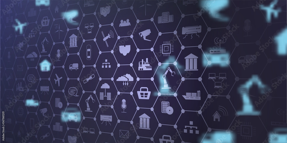 Poster Concept of Industry 4.0. Automation, the flow of the icons, data exchange technology in production. Internet of things (IoT) networking concept for connected devices. Spider web of network connections