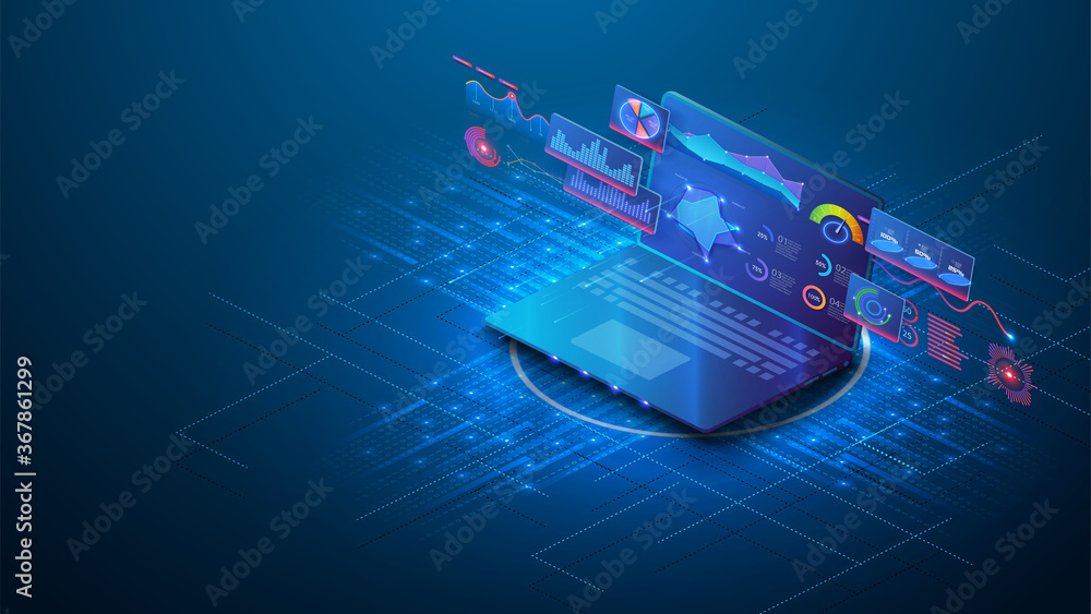 Poster application of laptop with business graph and analytics data on isometric laptop . analysis trends a