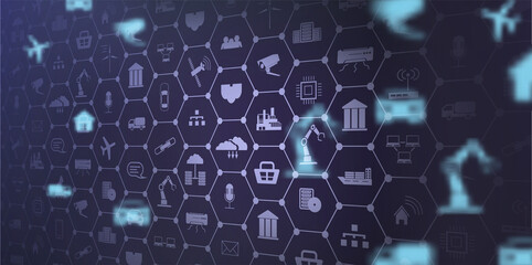 Concept of Industry 4.0. Automation, the flow of the icons, data exchange technology in production. Internet of things (IoT) networking concept for connected devices. Spider web of network connections