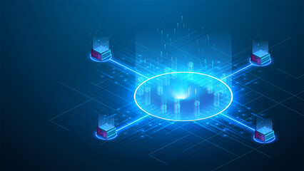 Exchanging cryptocurrency via portals. Blockchain technology theme. Binary digital code passing through an open circular neon glowing futuristic portal on blue background.Isometric vector illustration - obrazy, fototapety, plakaty