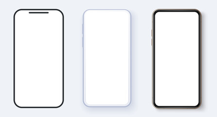 Realistic white vector smartphone. 3d realistic phone template for inserting any UI/UX interface test or business presentation. Elegant thin stroke line style design. Outline line drawing modern phone