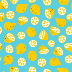 Lemon seamless pattern. Whole lemons, halves, slices and leaves isolated on white background. Flat modern citrus print. Funny summer food graphic. Cute tropical texture for kitchen wallpaper.