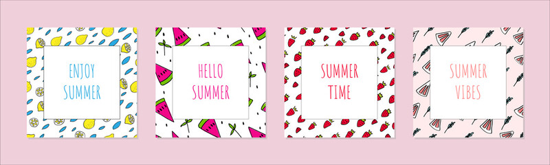 Set of Hello summer cards. Cute sketchy design for picnic or beach party invitations. Square fresh fruit pattern frames. Lemon, watermelon, strawberry, grapefruit backgrounds.