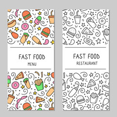 Fototapeta na wymiar Hand drawn menu template of fast food elements, burger, pizza, sandwich, hamburger, snack. Doodle sketch style. Fast food element drawn by digital brush-pen. Vector illustration for menu, frame design