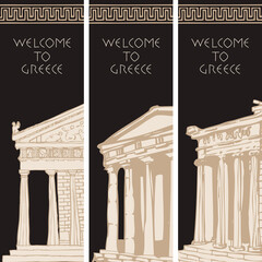 Set of three travel banners on the theme of Ancient Greece with hand-drawn Greek attractions. Creative vector illustrations with greek ornament, sketches and inscriptions Welcome to Greece © paseven