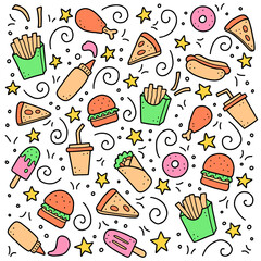 Hand drawn set of fast food elements, burger, pizza, sandwich, hamburger, snack. Comic doodle sketch style. Fast food element drawn by digital brush-pen. Vector illustration for icon, menu, frame