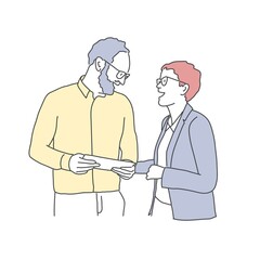 Young man with a beard and woman discuss their work. Hand drawn vector illustration.