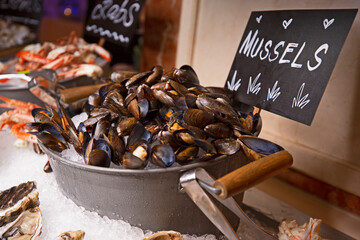 Fresh mussels on buffet station. Seafood buffet.