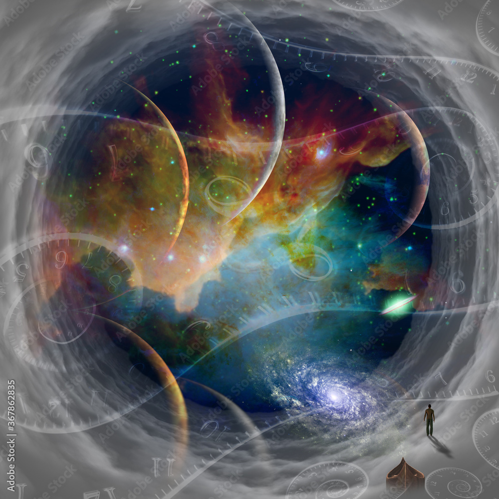 Poster man in cloudy space tunnel. spirals of time and planets. 3d rendering