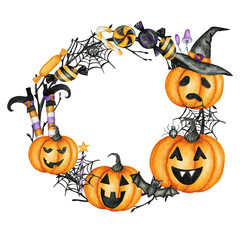 Happy Halloween holiday party Frame with Jack O' Lantern pumpkins, bat, spider, candy sweets party decorations. Watercolor Cartoon illustration isolated on white background. Halloween spooky cemetery.