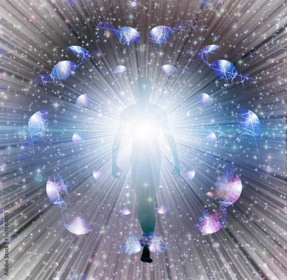 Poster shining aura and rays of light. 3d rendering