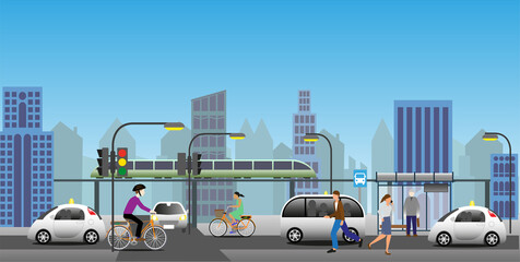 Transport in a modern city. Renewable electrified city transports. Driverless municipal vehicles, public transports and electric bikes.  . 