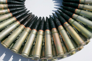 Patrons and ammunition close-up neatly and beautifully laid out, background,