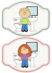 Sign, entrance, for boys' toilets, toilets and girls, sink, faucet, toilet