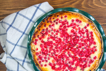 Pie with red currants and sour cream. Top view