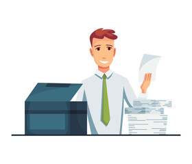 Office documents copier. Office worker prints documents on the copier. Man works on a photocopier. Concept of office work