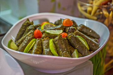 Dolmades in white bowl for ramadan Iftar