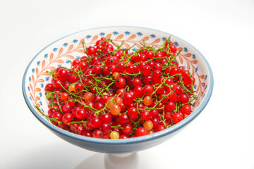 Ripe tasty red currants on the plate on the white background