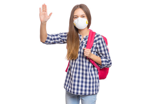Concept of coronavirus quarantine. Child wearing medical protective face mask to health protection from influenza virus. COVID-19. Student teen Girl with bag, isolated on white background.