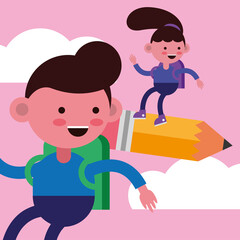 little students couple in pencil comic characters