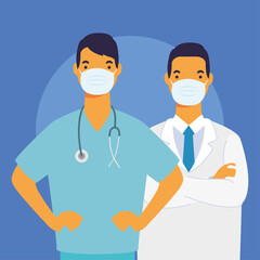 Fototapeta premium young male doctors staff wearing medical masks characters