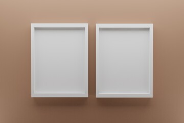 front view of two empty white picture frames on bronze wall, minimal design concept, realistic 3d render
