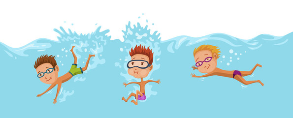 Childrens swimming in pool. Cheerful and active little boys and girls swimming in pool. Boys and girls in swimwear are swimming in a children pool. Underwater view. Sport team