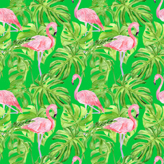 Watercolor illustration seamless pattern of tropical leaves and pink flamingo. Perfect as background texture, wrapping paper, textile or wallpaper design. Hand drawn