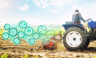 Farmer on a tractor cultivates a farm field and technological innovation gears hologram. Science of...