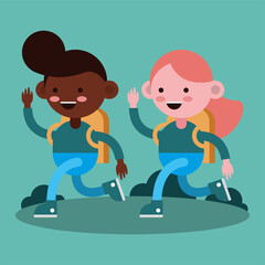 little students couple walking comic characters