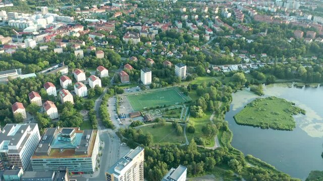 Aerial view of Solna Arenastaden & Friends Arena in Stockholm.