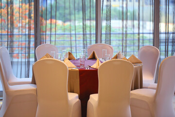 Restaurant table set up for dinner