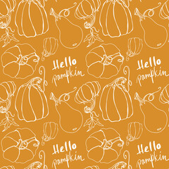 Cute kawaii fairy tale pumpkin seamless square pattern. Doodle sketch outline digital art on orange background. Print for packaging, wrapping paper, stationery, textiles, banner, postcard, invitation