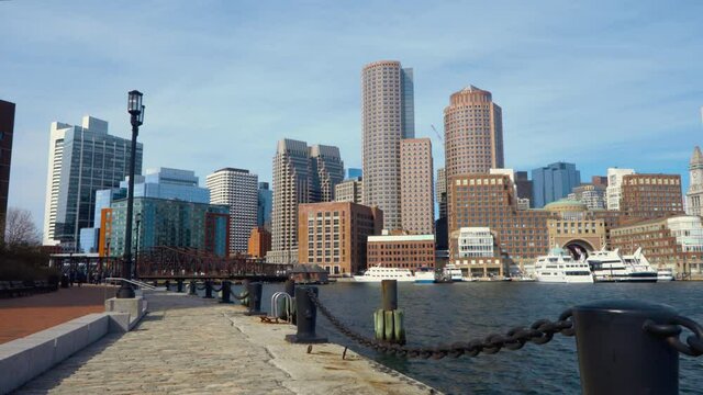 Boston skyline from the Fan Pier waterfront slow pan right
