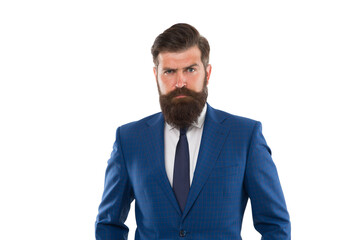 Make man look his best. Bearded man isolated on white. Serious man in formal style. Fashion look of brutal man. Office style. Business attire. Menswear store. Fashion wardrobe. Dressing for work