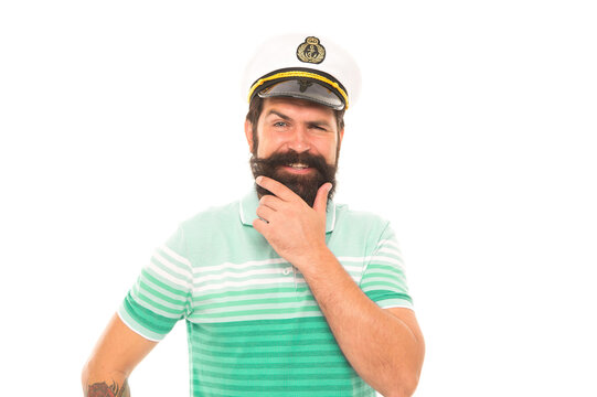 Man cheerful captain sailor hat trip around world, travel by sea concept