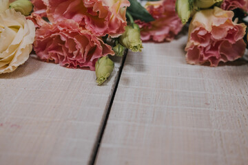A bouquet of pink and white eustoms for a postcard, Wallpaper or poster. Eustoma flowers in pastel colors on a white wooden background made of boards in a close-up perspective with space for text.