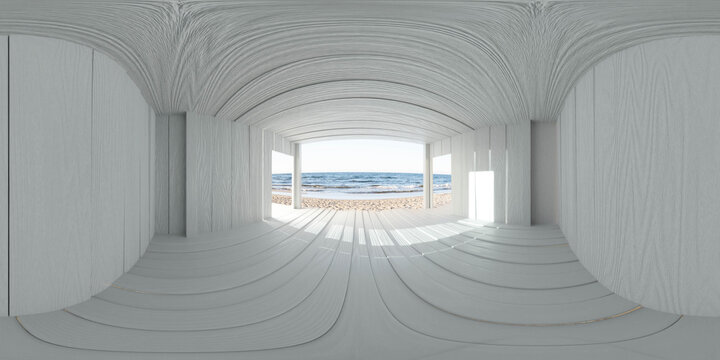 vr hdr style 360 panorama white wooden planks house on a beautiful beach porch 3d rendering illustration