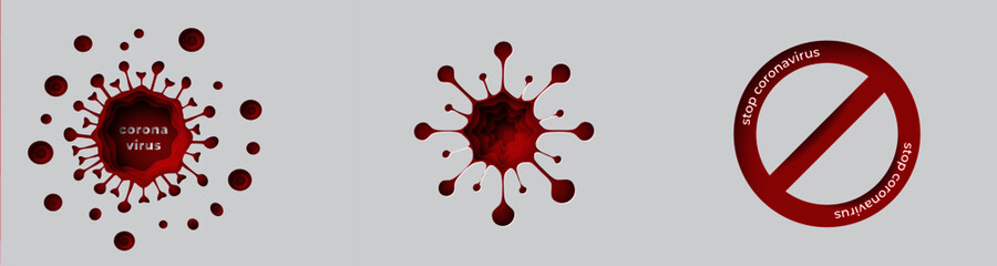 Obraz premium Coronavirus Icon in paper cut style. Pandemic medical concept with dangerous cells.