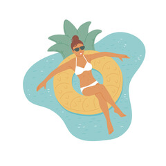Girl in sunglasses and swimsuit swims on an rubber ring. Relaxing holiday. Top view of vector flat cartoon illustration.