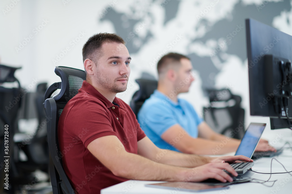 Poster two male software developers working on computer