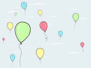Hand drawn illustration. Whimsical and colorful balloons in the sky with clouds. 
