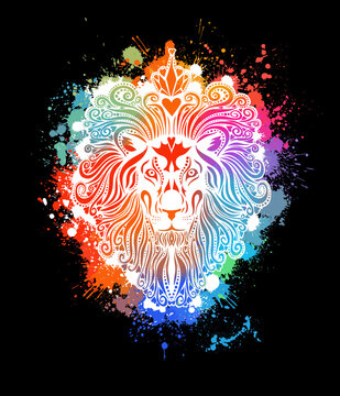 The lion is multicolored from the blots. Lion head symbol logo. Mixed media. Vector illustration