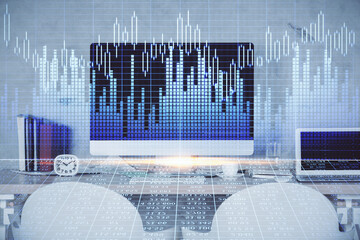 Multi exposure of stock market chart drawing and office interior background. Concept of financial analysis.