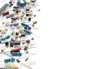 Different electronic components on white background with copy space. Selective focus