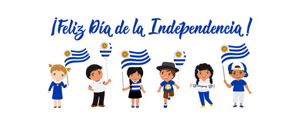 Text in Spanish: Happy Independence Day. Vector illustration. Design concept banner, card. Lettering. Uruguay Independence Day greeting card.