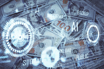 Double exposure of data theme drawing over us dollars bill background. Technology concept.