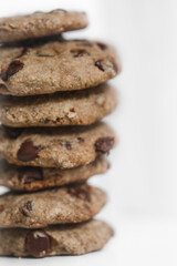 Homemade chocolate chip cookies stack closeup
