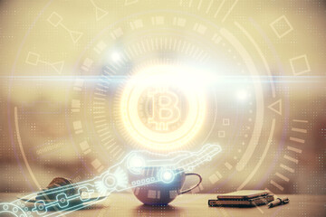Fototapeta premium Double exposure of crypto currency theme drawing hologram over coffee cup background in office. Concept of international blockchain.